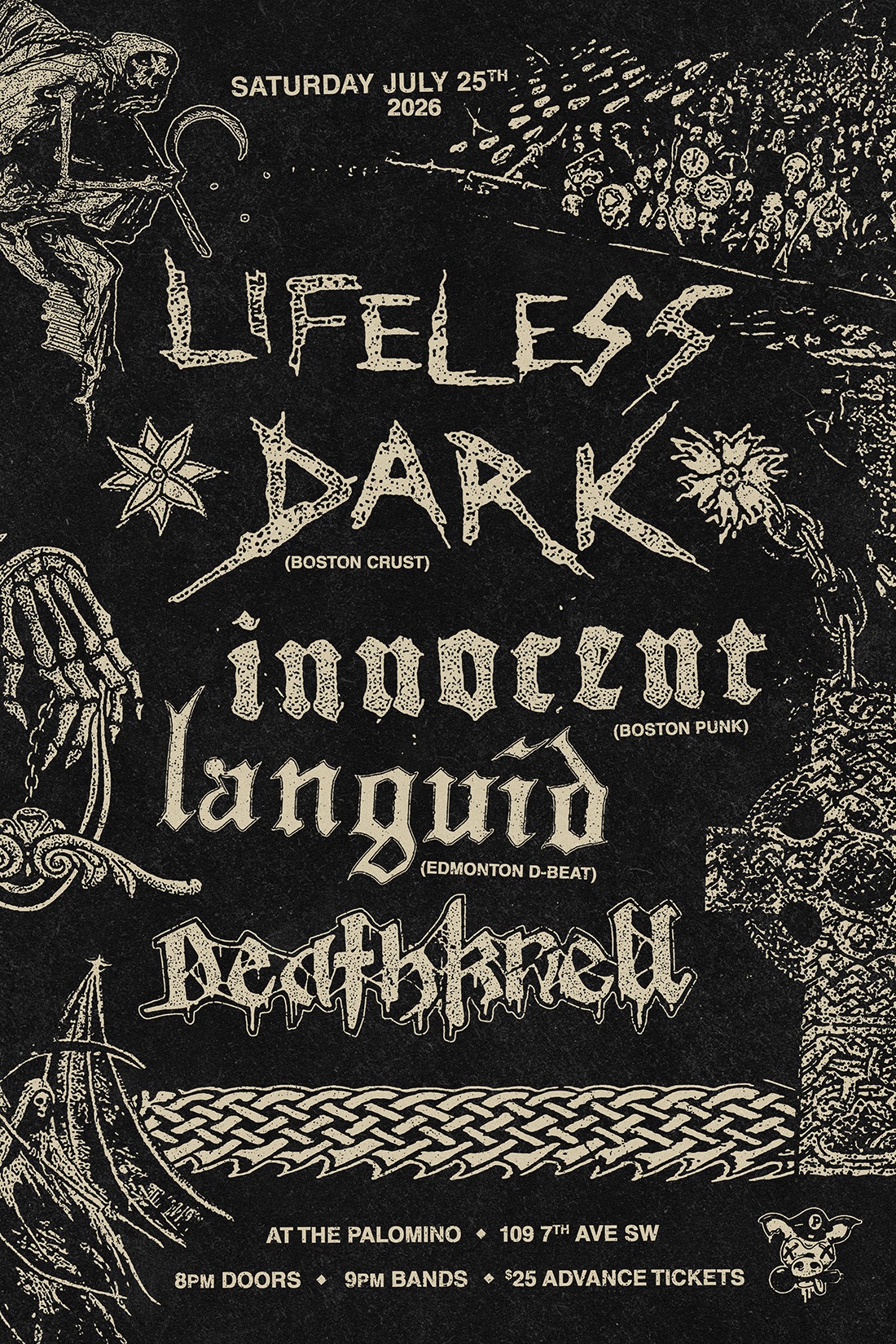 Lifeless Dark, Innocent, Languid and Death Knell event poster from The Palomino
