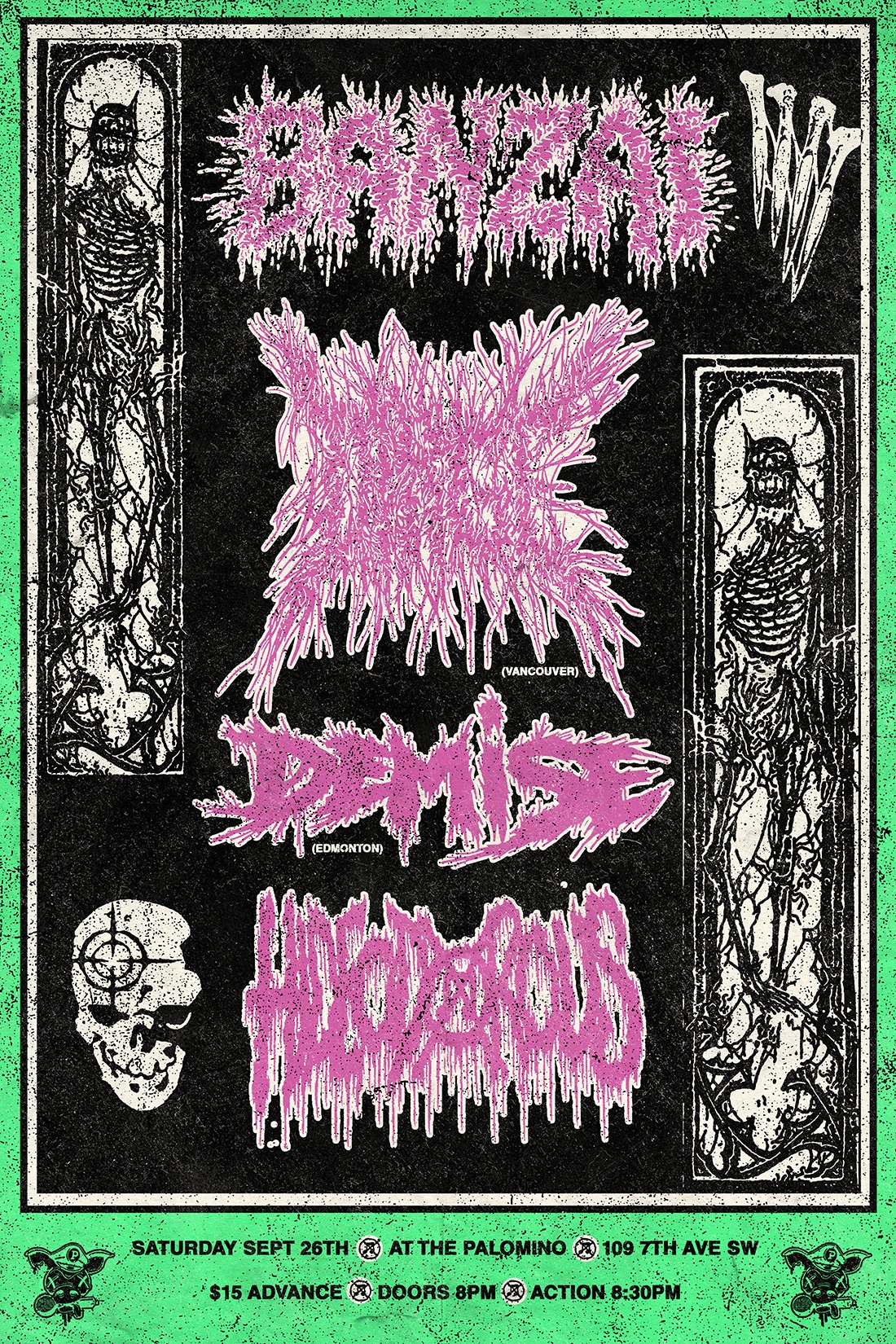 Banzai, Dirge, Demise and Hideodorous event poster from The Palomino