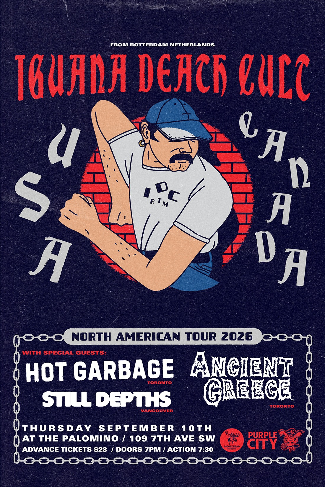 Iguana Death Cult, Hot Garbage, Ancient Greece and Still Depths event poster from The Palomino