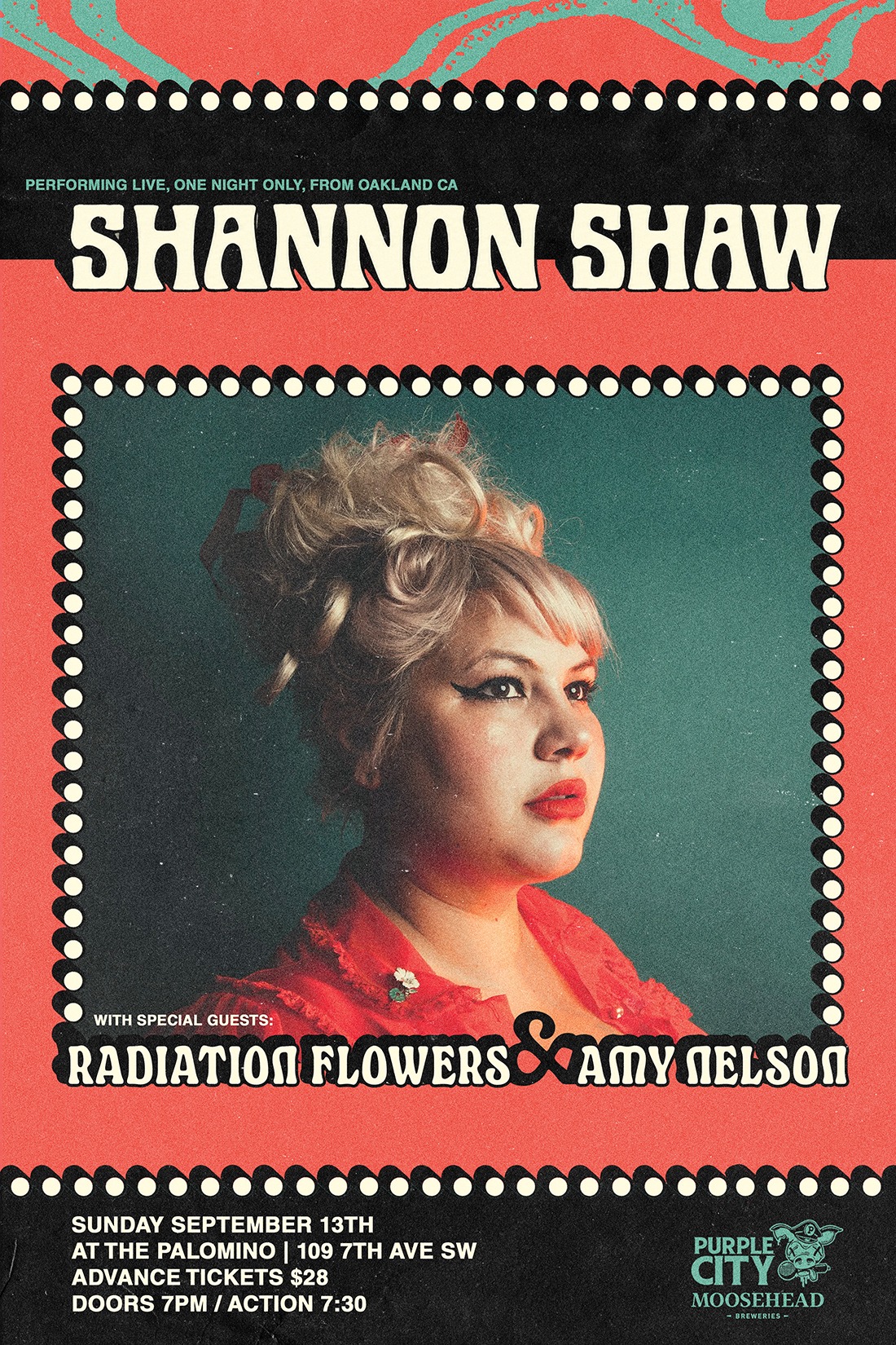 Shannon Shaw with Radiation Flowers and Amy Nelson event poster from The Palomino